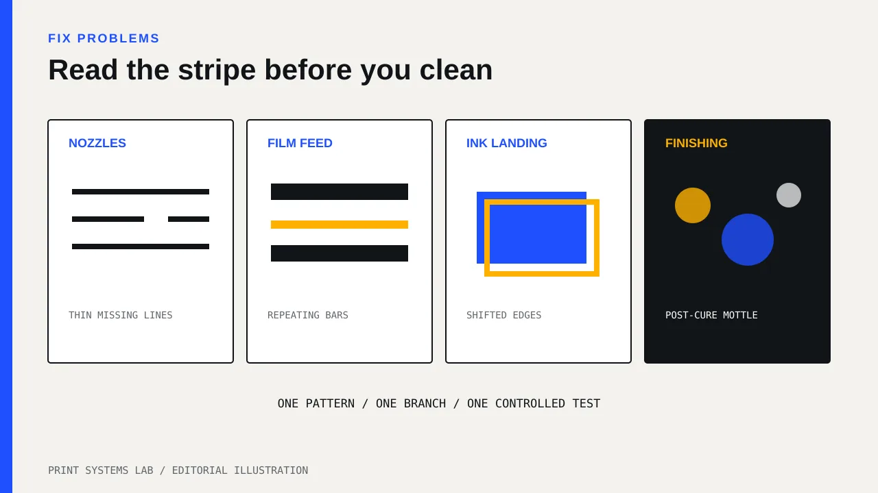 Four DTF banding patterns linked to nozzle, film feed, ink landing, and downstream curing checks.