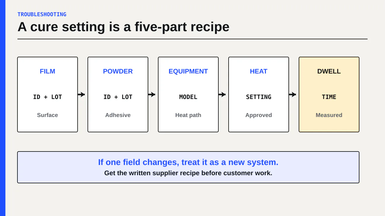 DTF powder cure diagnostic map separating recipe, powder coverage, heat, dwell time, and airflow checks.