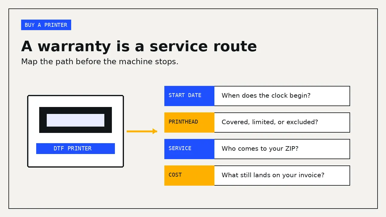 Warranty documents, service clock, printhead, and repair route arranged around a DTF printer purchase decision.