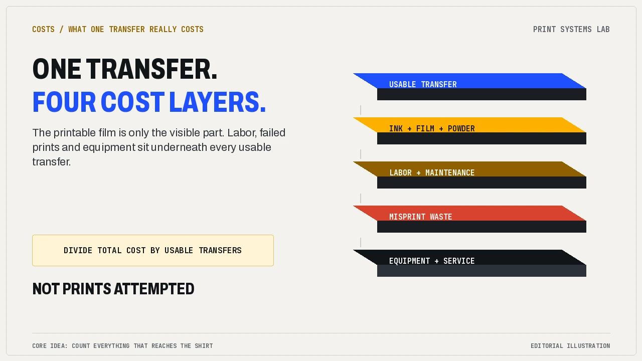 Exploded diagram of one usable DTF transfer above its consumables, labor, waste, equipment and service cost layers.